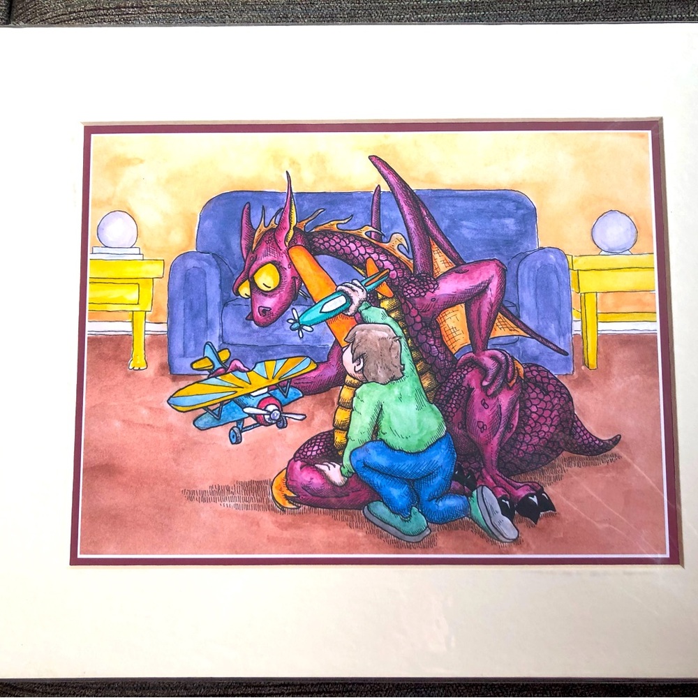 3 Art Prints- Dragon Art Colorful Dragon teaching and playing with a young boy
